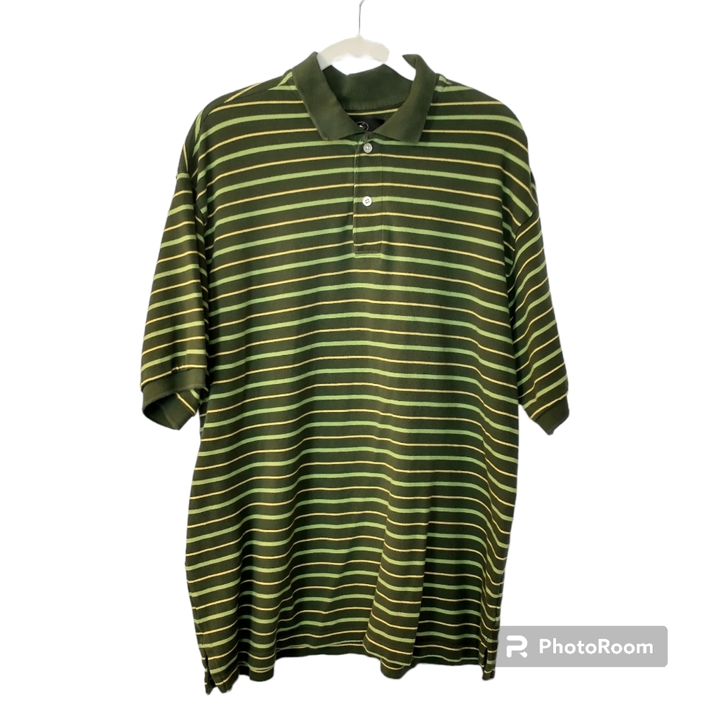 Men's Redhead Green Yellow Striped Short Sleeve Polo Shirt Size Large
